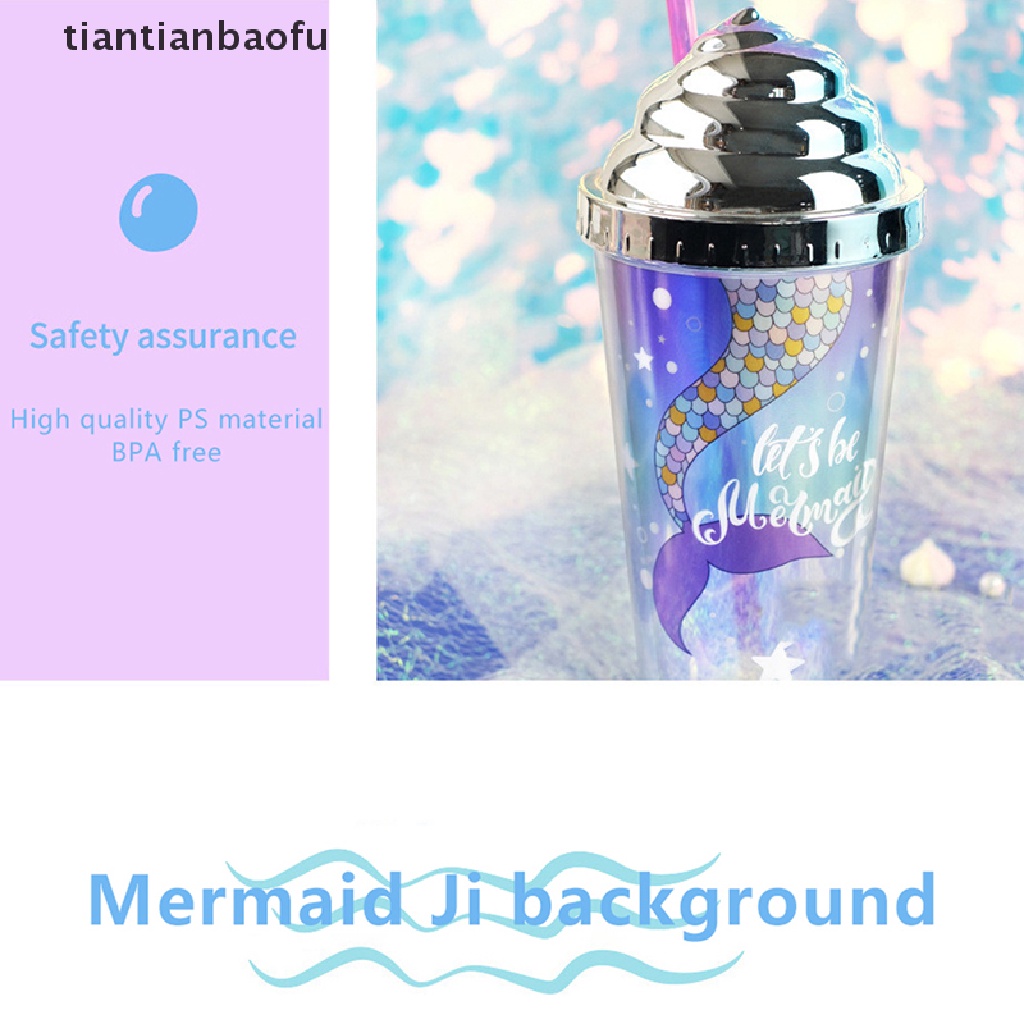 [tiantianbaofu] 420ml Cangkir Air Dengan Sedotan Double Wall Insulasi Panas BPA Free Anti Bocor Perlengkapan Minum Plastik Motif Mermaid Sippy Cup Butik