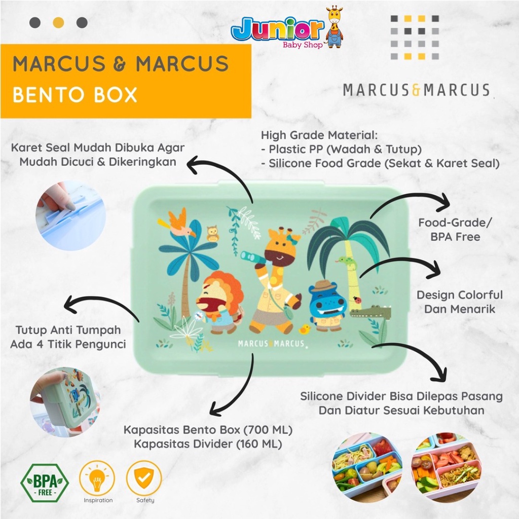 Marcus &amp; Marcus Bento Box (Green) Lunch Box - Kotak Makan Sekat Anak