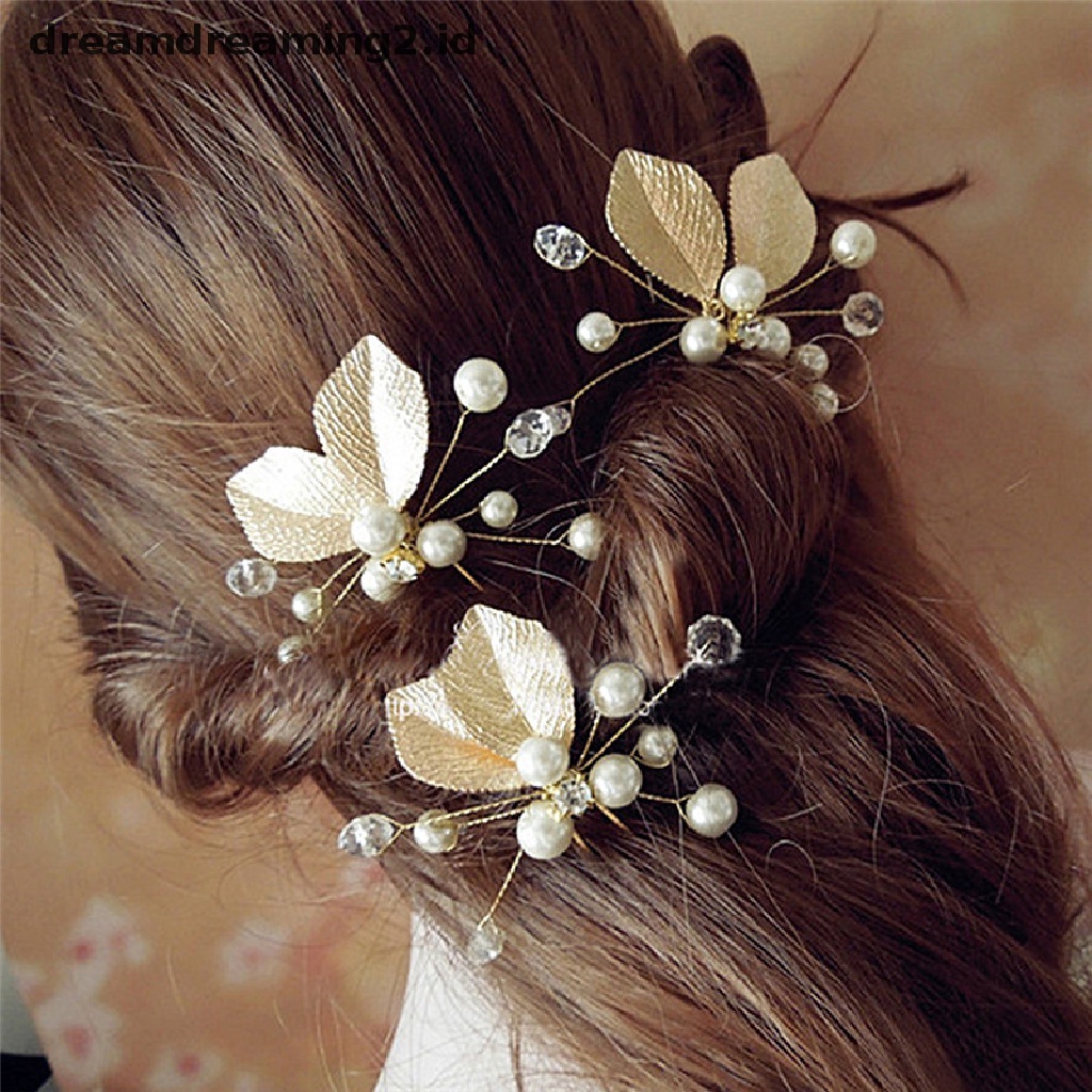 (hot) 4 Pcs Wanita Bridal bridesmaid Mutiara Emas Daun Headpiece Rambut Pin Jepit Rambut Pernikahan//