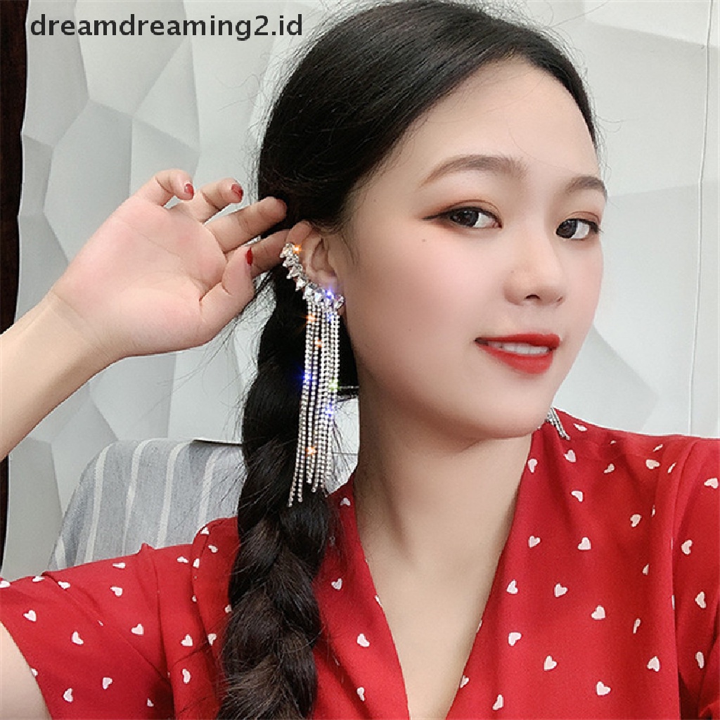 (hot) Rumbai Panjang Penuh Berlian Imitasi Drop Earrings Shiny Water Drop Kristal Menjuntai//