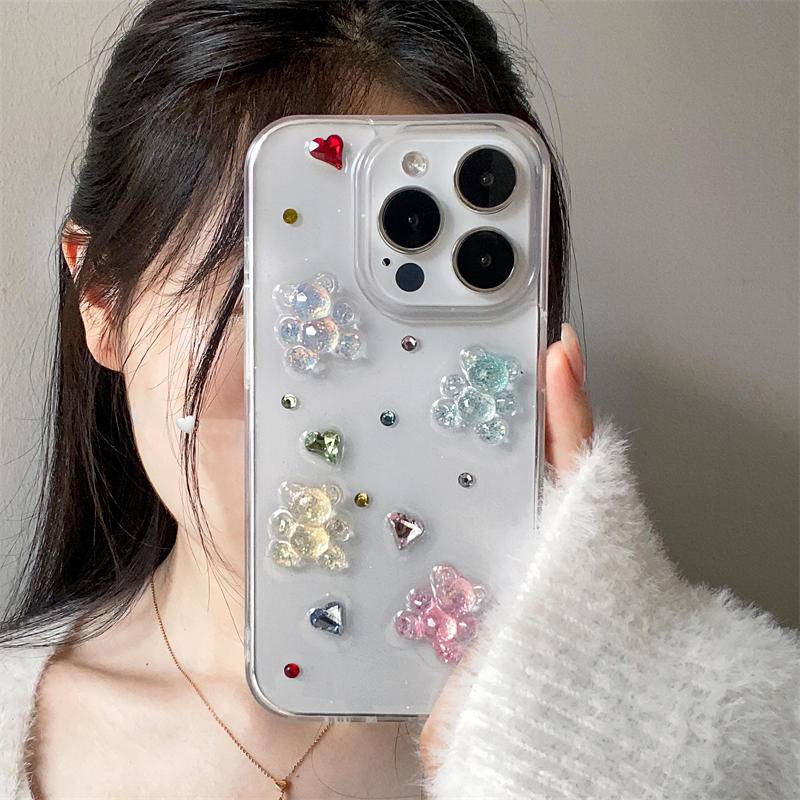 Casing Ponsel Beruang Warna Permen Glitter Lucu 3D Untuk Iphone14 13 12 11 Pro MAX Plus Mini Love Diamand Bening Soft Cover Untuk iPhone X XS MAX XR 7 8 Plus SE 2022 2020