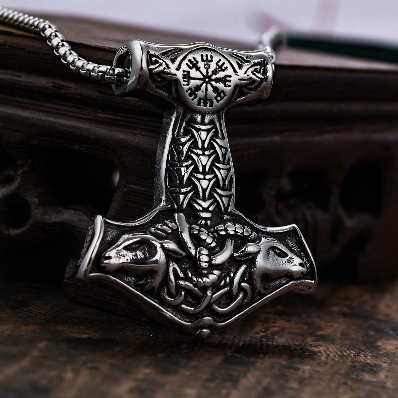 [Z H Perhiasan] Vintage Nordic Viking Ganda Antelope Domba Kepala Hip Hop Liontin Pria Dan Wanita Fashion Stainless Steel Kalung Punk Pesta Rock Perhiasan Aksesoris