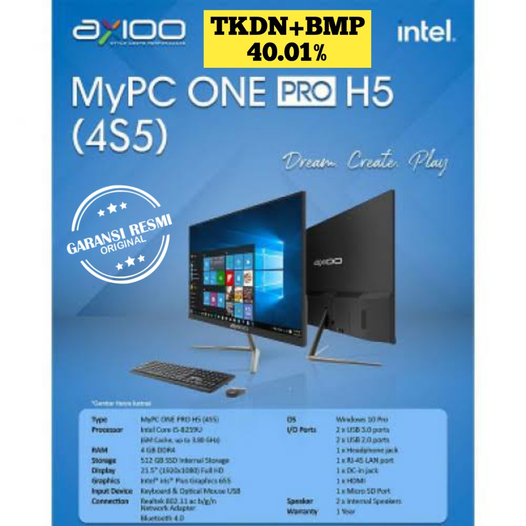 PC AIO AXIOO MYPC ONE PRO H5 (4S5) i5 RAM 4GB 512GB 21.5&quot;FHD TKDN GARANSI RESMI