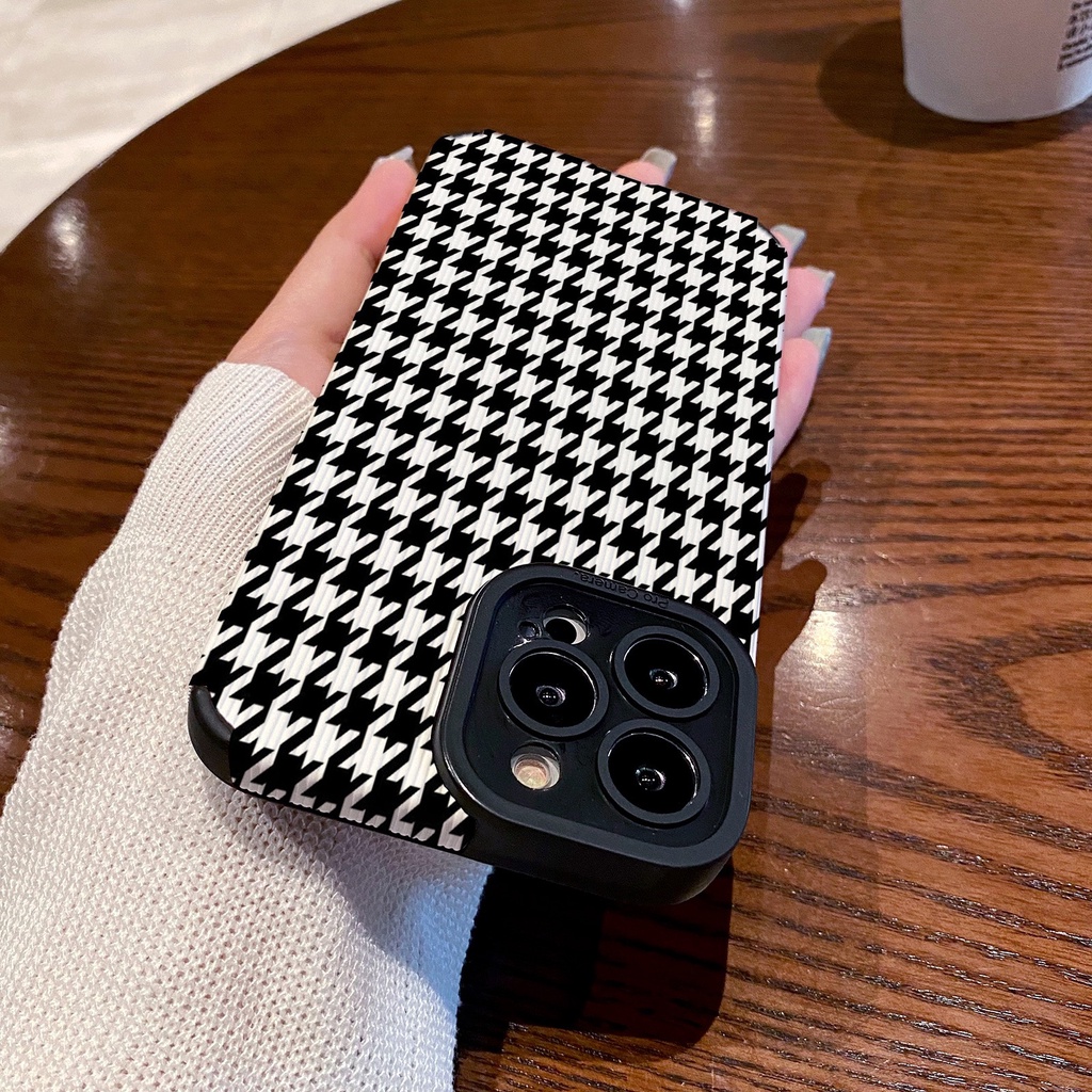 【Lamb Skin】Black and White Houndsto Leather Soft Case for IPhone 6S 7 Plus 8 Plus X XS XR XS Max 11 13 12 14 PRO Max 14 Plus 12 13 Mini Ins Fashion Twisted Stripe Girl Women's Gift