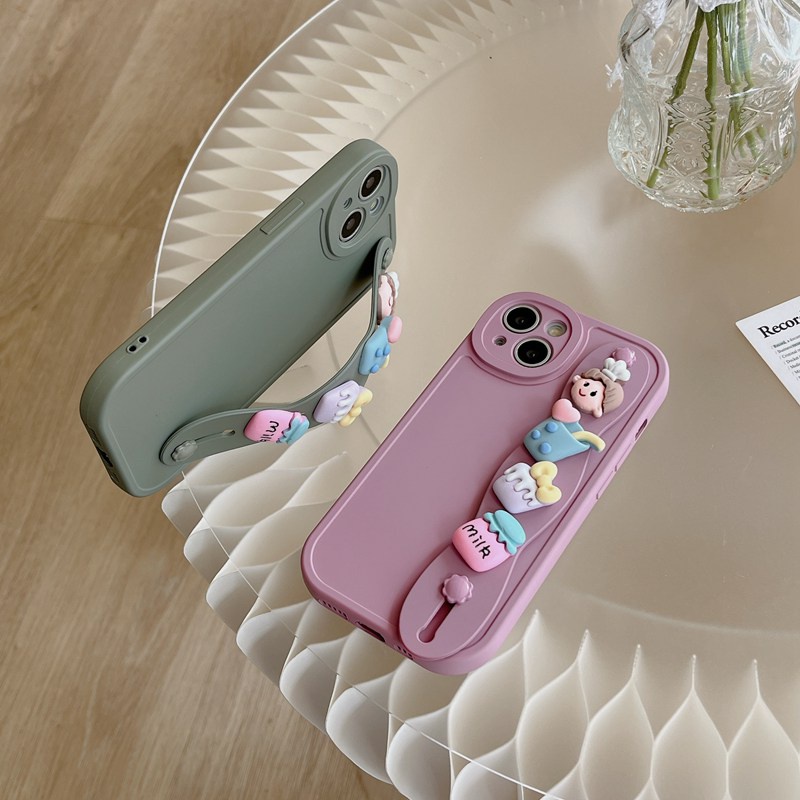 IPHONE Gelang Boneka Cewek Susu Minuman Lucu Support Soft Case HP iP Iphone6 6S 78 14+Plus SE 2020 X XS XR 11 12 13 Pro Max Woman FTD Casing Apple