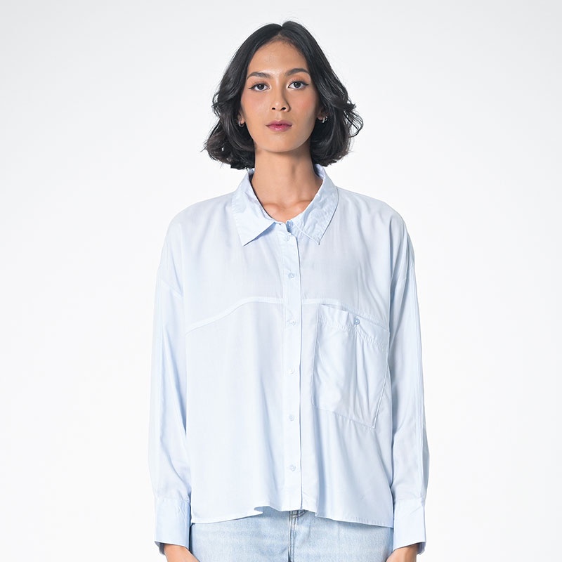 3Second Kemeja Lengan Panjang Basic Wanita  Viscose Dengan Saku Pockets Polos Biru 200323
