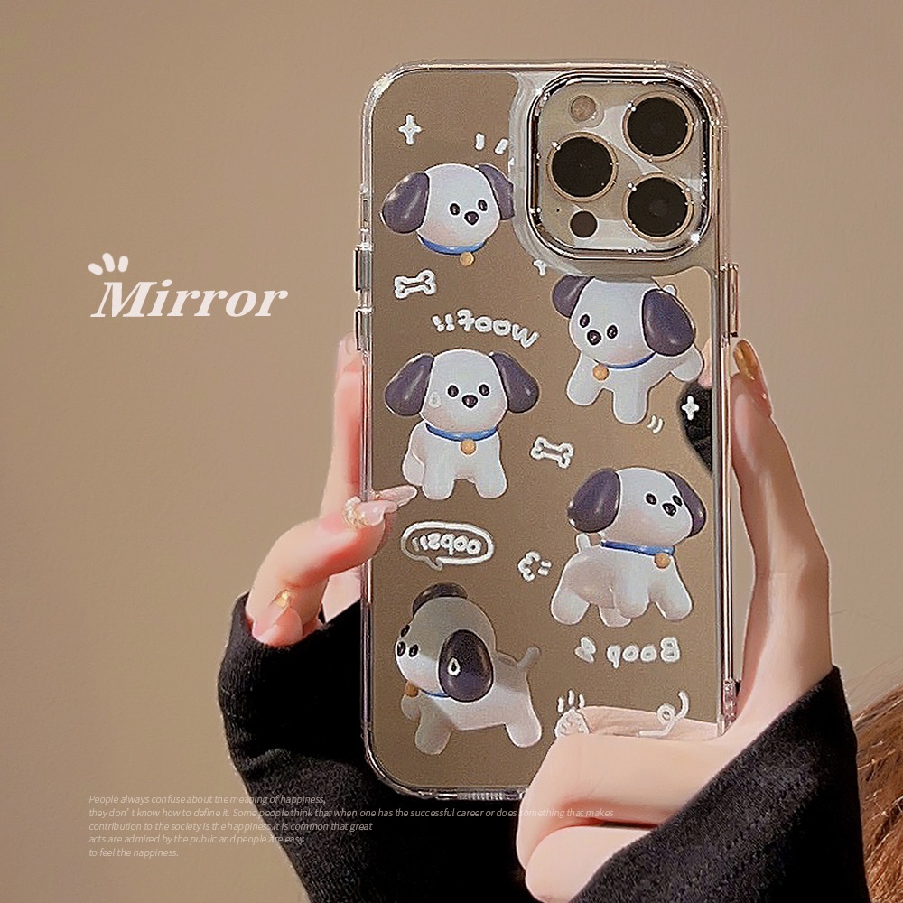 IPHONE Kartun Lucu Woof Puppy Dog Electroplated Phone Mirror Case Gadis Makeup Pelindung Soft Cover Untuk Iphone11 12 13 14 PLUS PRO MAX