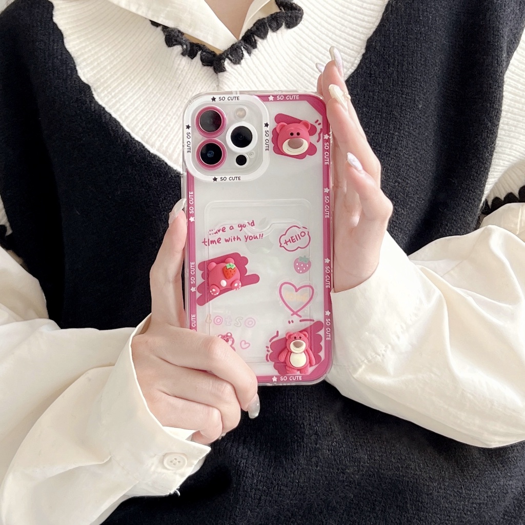 IPHONE Casing Kartun Strawberry Bear Cocok Untuk Iphone14 13 12 11 Pro X XS Max7 8 14 Plus XR Casing Kartu Transparan Soft Cover