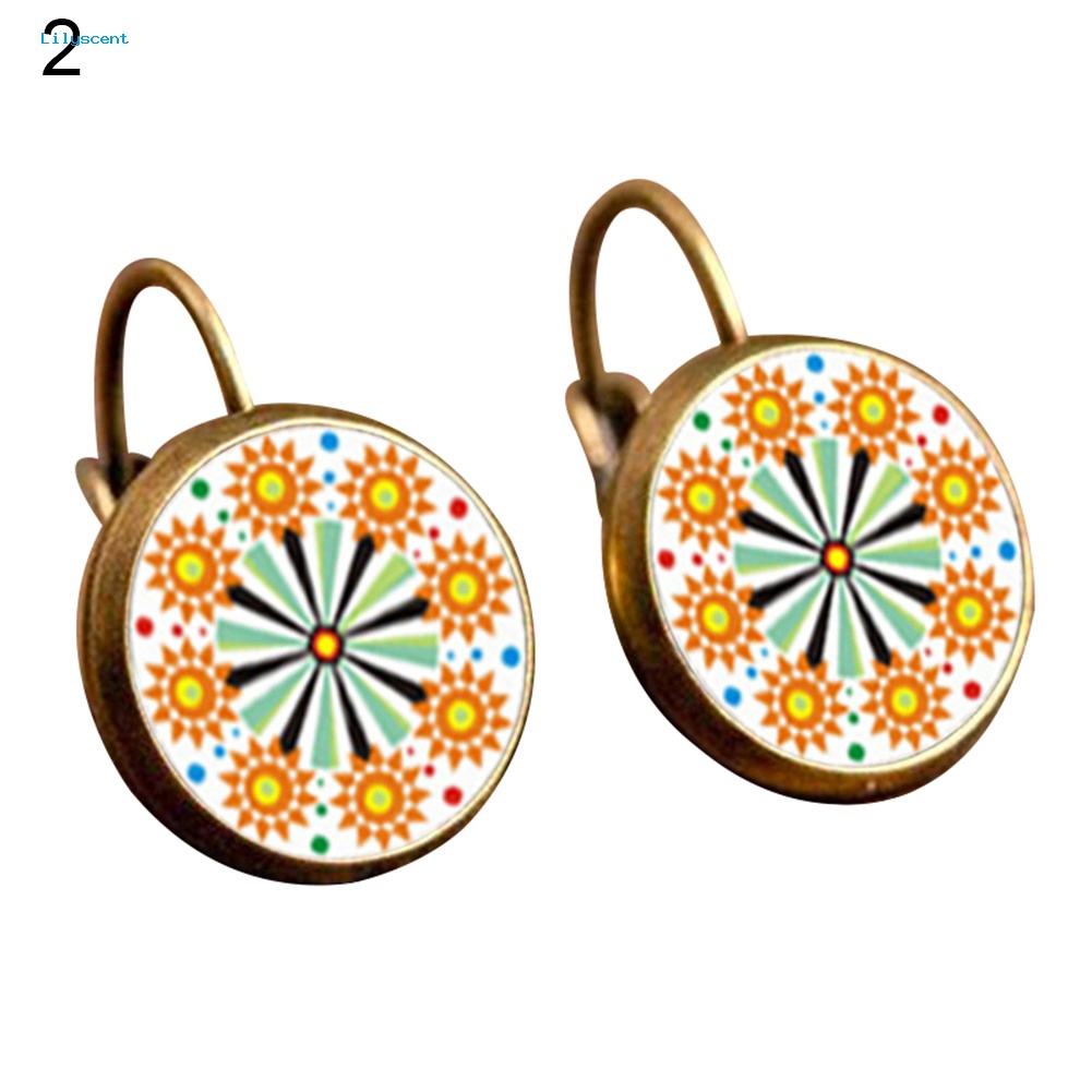 Lilyscent Retro Mandala Bunga Bulat Bronze Klip Telinga Gadis Wanita Leaverback Earrings