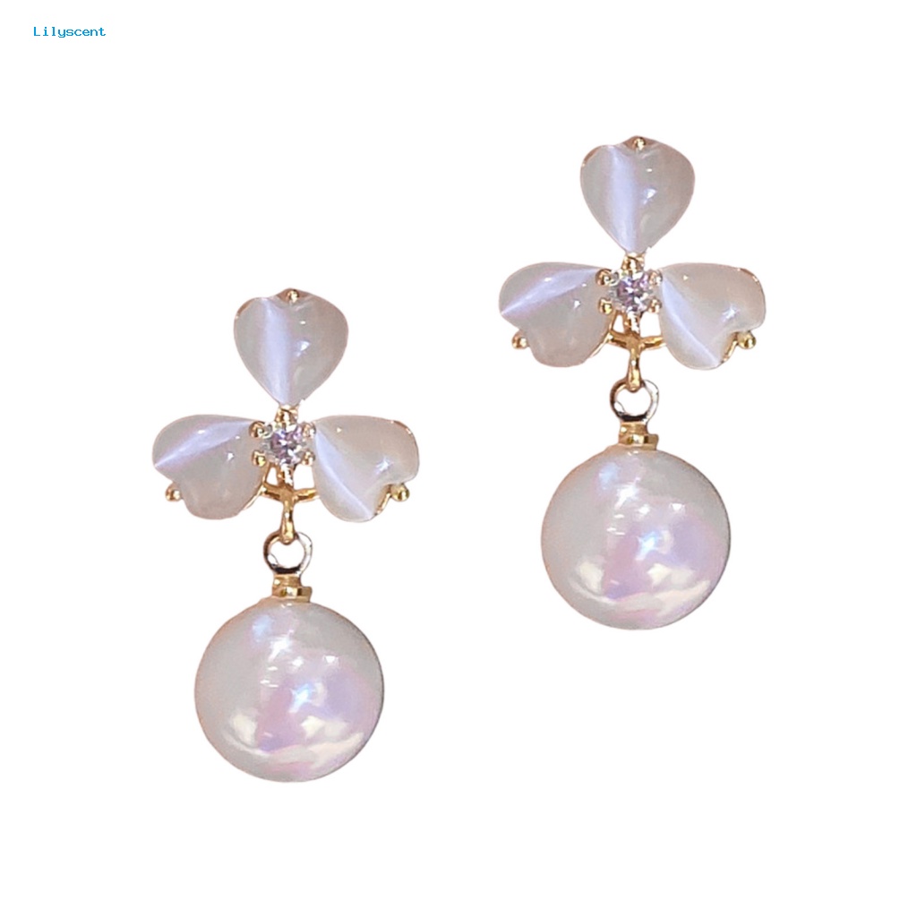 Lilyscent 1pasang Anting Wanita Mulia Fashion Perhiasan Glossy Mutiara Imitasi Opal Bunga Women Earrings Elegan