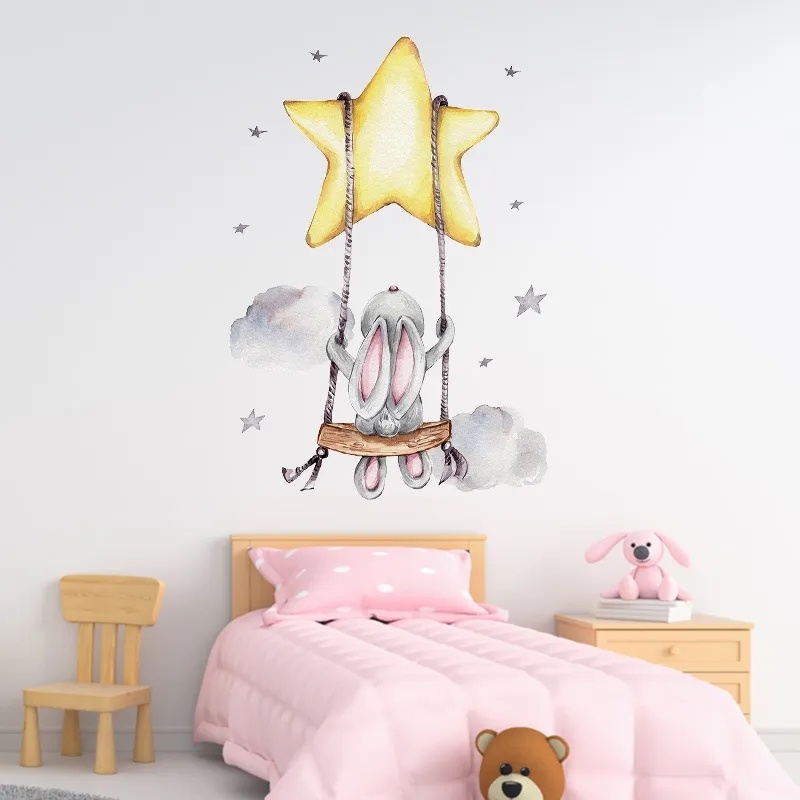 Lucu Kartun Kelinci Swing on The Stars Stiker Dinding/DIY Self-adhesive Big Golden Star Wall Decals Untuk Dekorasi Kamar Anak