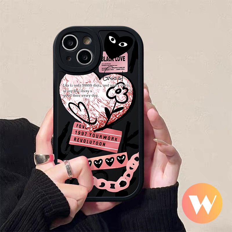 IPHONE Trendy Merek Comme des Garcons Ins Graffiti Cinta Hati Case Kompatibel Untuk Iphone7-6 6s 8plus 11 XR X XS Max13 12 14 Pro Max SE 2020 Smile Label Lembut Tpu Cover