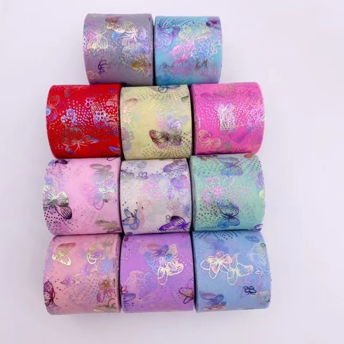 Pita Tulle size 6 cm pita tile halus motif kupu kupu impor meteran