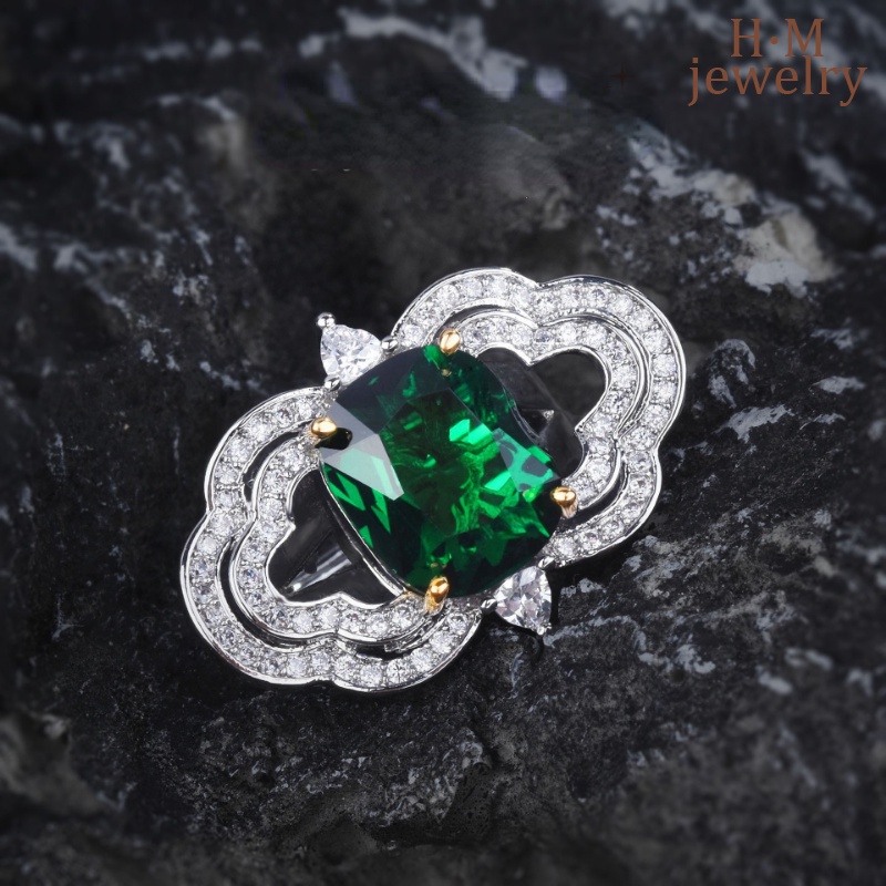 S925 Perak Bertatahkan Zamrud Cincin Putri Persegi Berlian Dua Warna Emas Pembukaan Ornamen