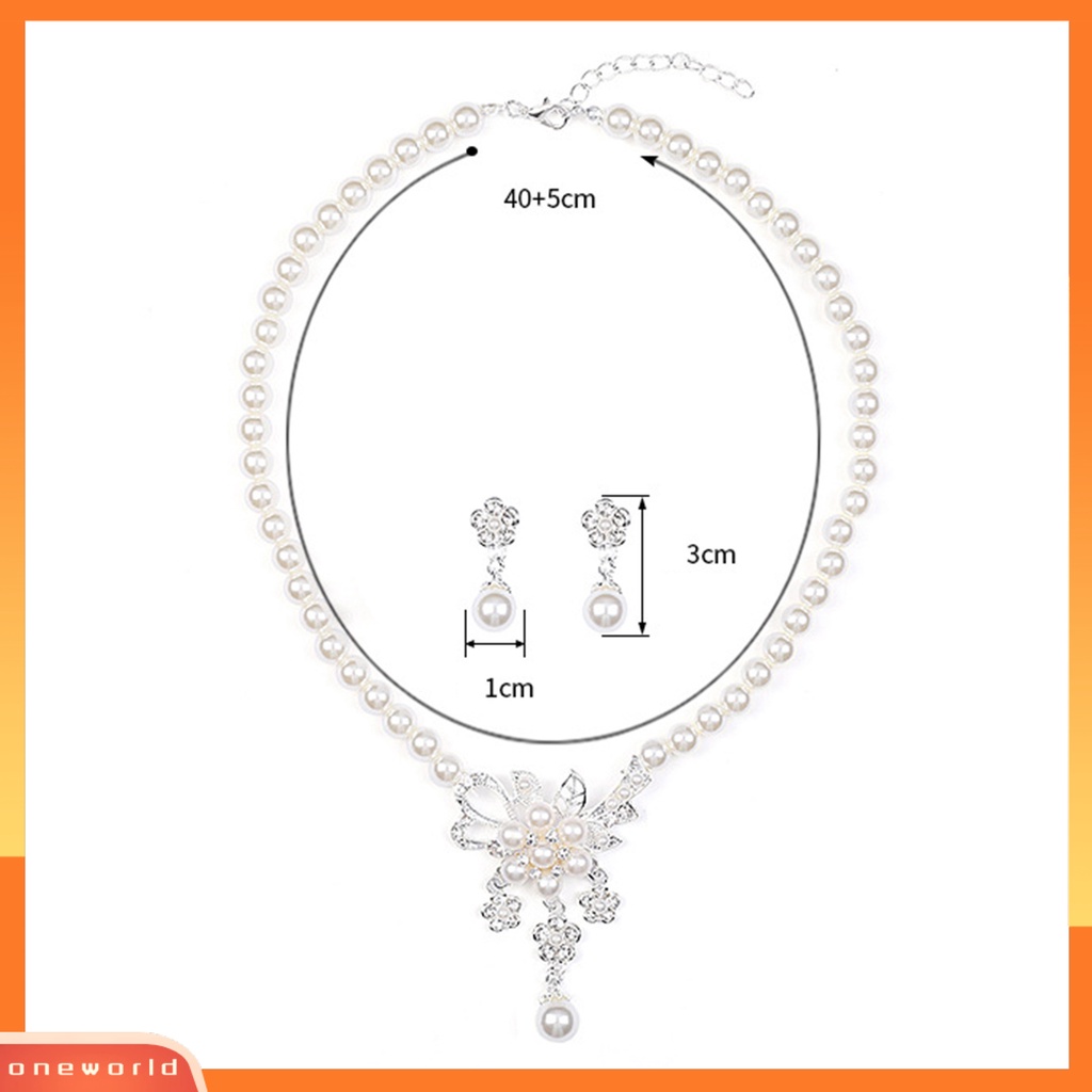 [ONE] 1set Wanita Kalung Manik-Manik Glossy Mutiara Imitasi Berlian Imitasi Tertanam Bunga Pengantin Kalung Stud Earrings Kit Perhiasan Pernikahan