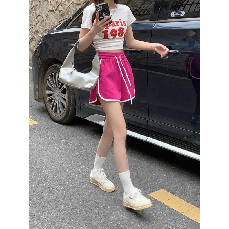 Red Abu-abu Celana Pendek Wanita Kasual Celana Hot Pants Musim Panas Elastis Pinggang Longgar Lebar Kaki Celana Olahraga Celana All-Match lima Celana Pasang