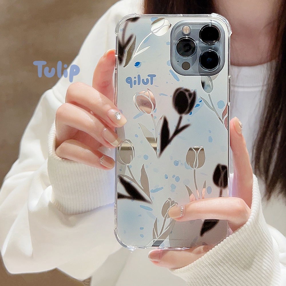 IPHONE Ins Bunga Tulip Cermin Siluet Shockproof Corners Phone Case Cover Untuk Iphone7 8 PLUS X XR XS 11 12 13 14 MINI PRO MAX SE 2020