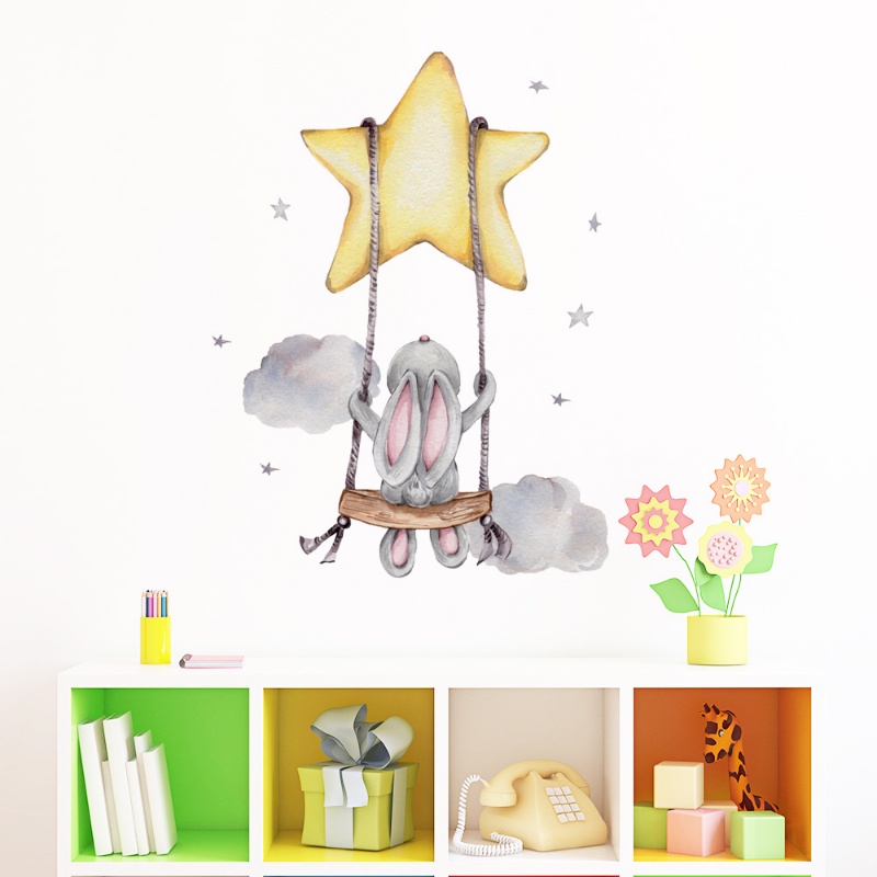 Swing Pola Kelinci Dinding Aplikasi TV Latar Belakang Art Decal Self Adhesive 3D Indoor Stiker Dinding Tahan Air Tahan Debu Wallpaper Aksesoris Dekorasi Kamar Anak