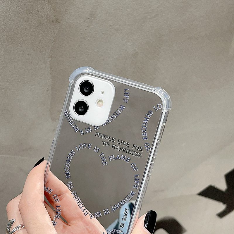 【Anti Fall Mirror】Pretty Silver Makeup Silicone Soft Case Iphone 6S 7 8 Plus X XR XS Max IPhone 11 12 13 14 Pro Max 14 Plus 7+ 8+ 12 13 mini for Women Girl Ins English Love