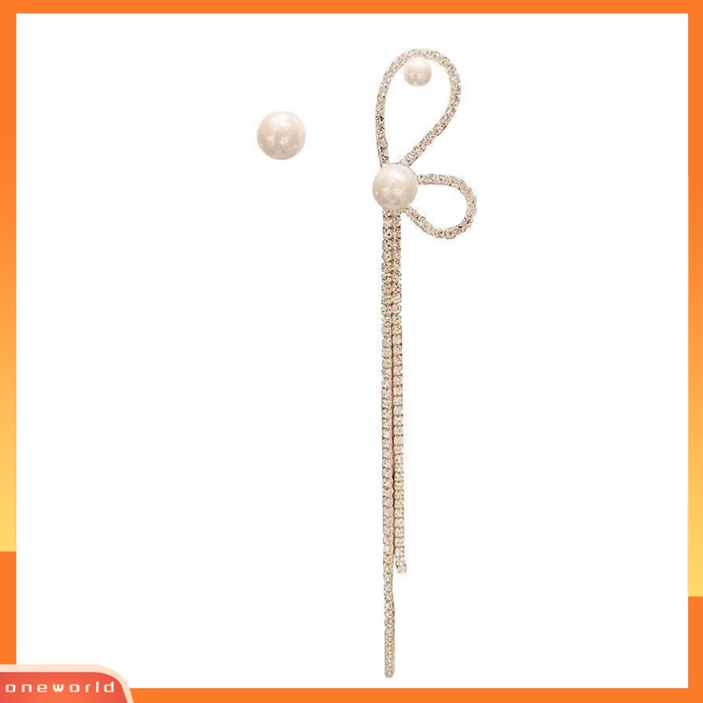 [EONE] 1pasang Anting Rumbai Asimetri Busur Mutiara Imitasi Berlian Imitasi Bersinar Dekorasi Tahan Luntur Panjang Rumbai Menjuntai Anting Gantung Aksesoris Perhiasan