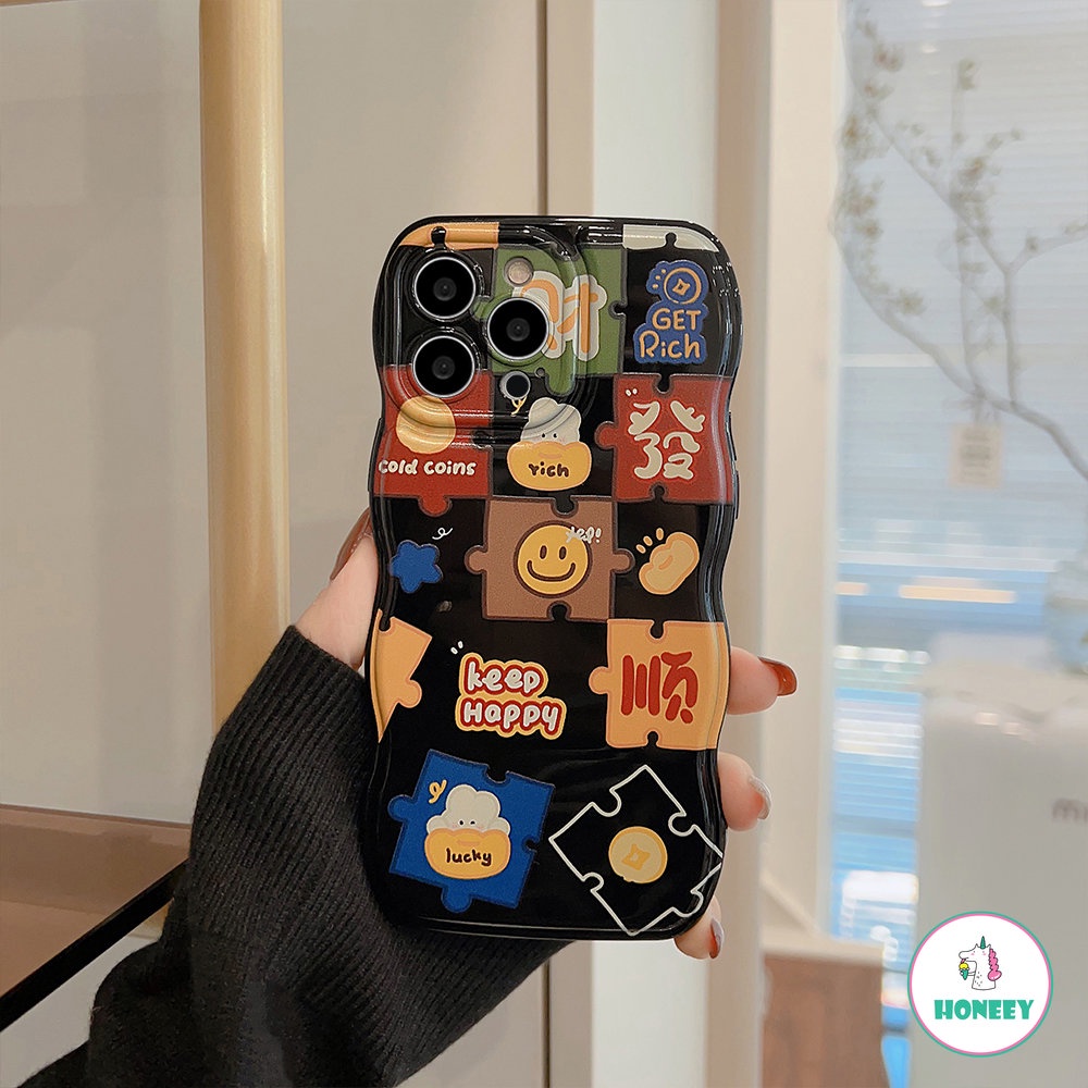 IPHONE Casing Puzzle Smiley Face Hitam Gelombang Retro Kompatibel Untuk Iphone11 12 13 14 Pro Max14 Plus Cover Shockproof Bantalan Udara