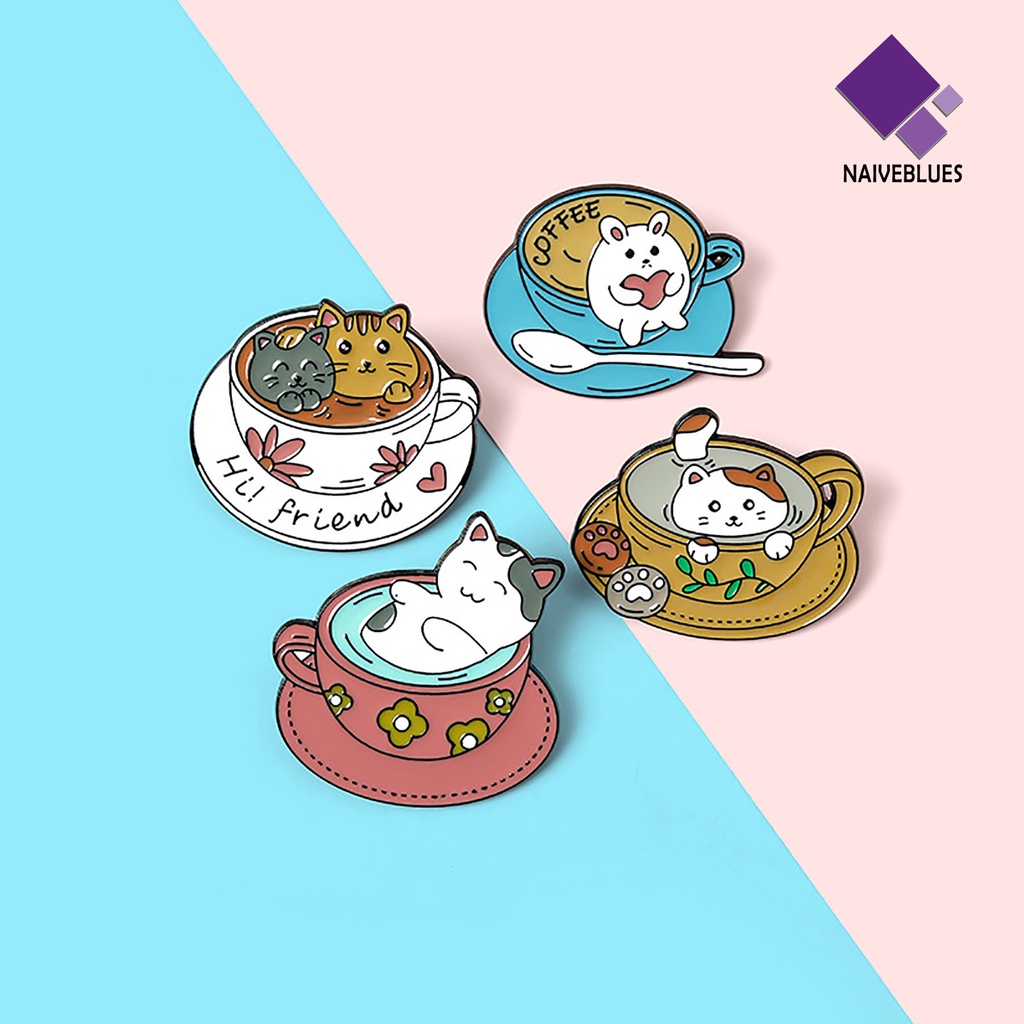 &lt; Naiveblues &gt; Kartun Kucing Cangkir Kopi Bros Tas Topi Enamel Cat Pin Lencana Hadiah