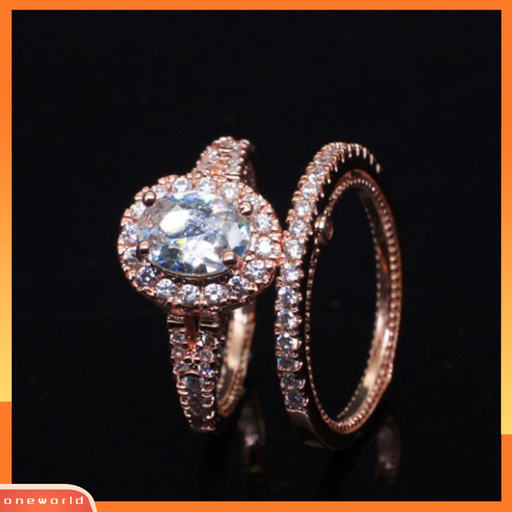 [EONE] 2 Pcs/Set Fashion Cincin Geometris Berlian Imitasi Bertatahkan Elektroplating Hypoallergenic Bersinar Dekorasi Perhiasan Aksesori Lady Bridal Pernikahan Cincin Pernikahan Aksesori