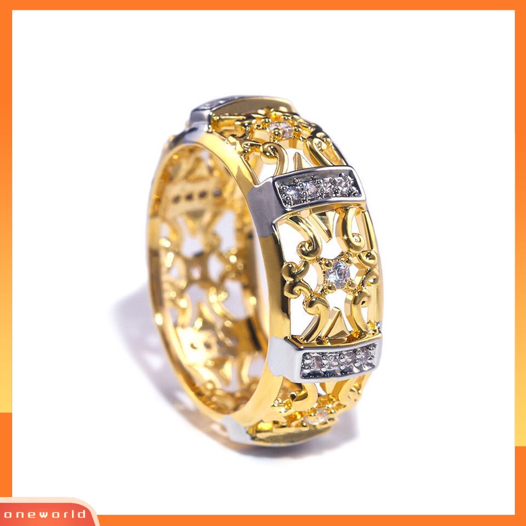 [EONE] Wanita Cincin Gaya Vintage Berongga Ukiran Dua Warna Kuno Bling Cubic Zirconia Ladies Finger Ring Fashion Jewelry