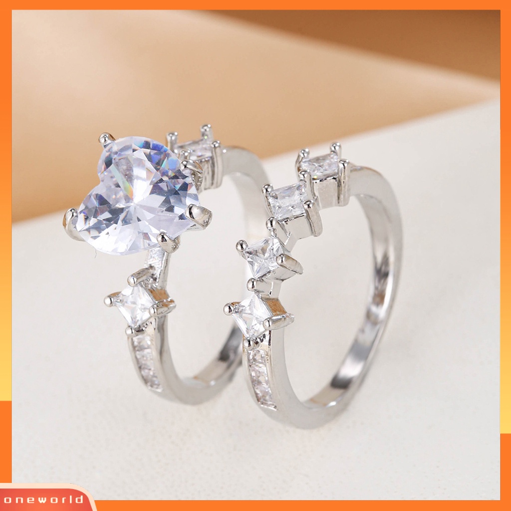[EONE] 2pcs/set Lady Set Cincin Bentuk Hati Geometris Dipoles Mengkilap Cubic Zirconia Indah Jari Dekorasi Mewah Romantis Cinta Buku Jari Cincin Set Perhiasan