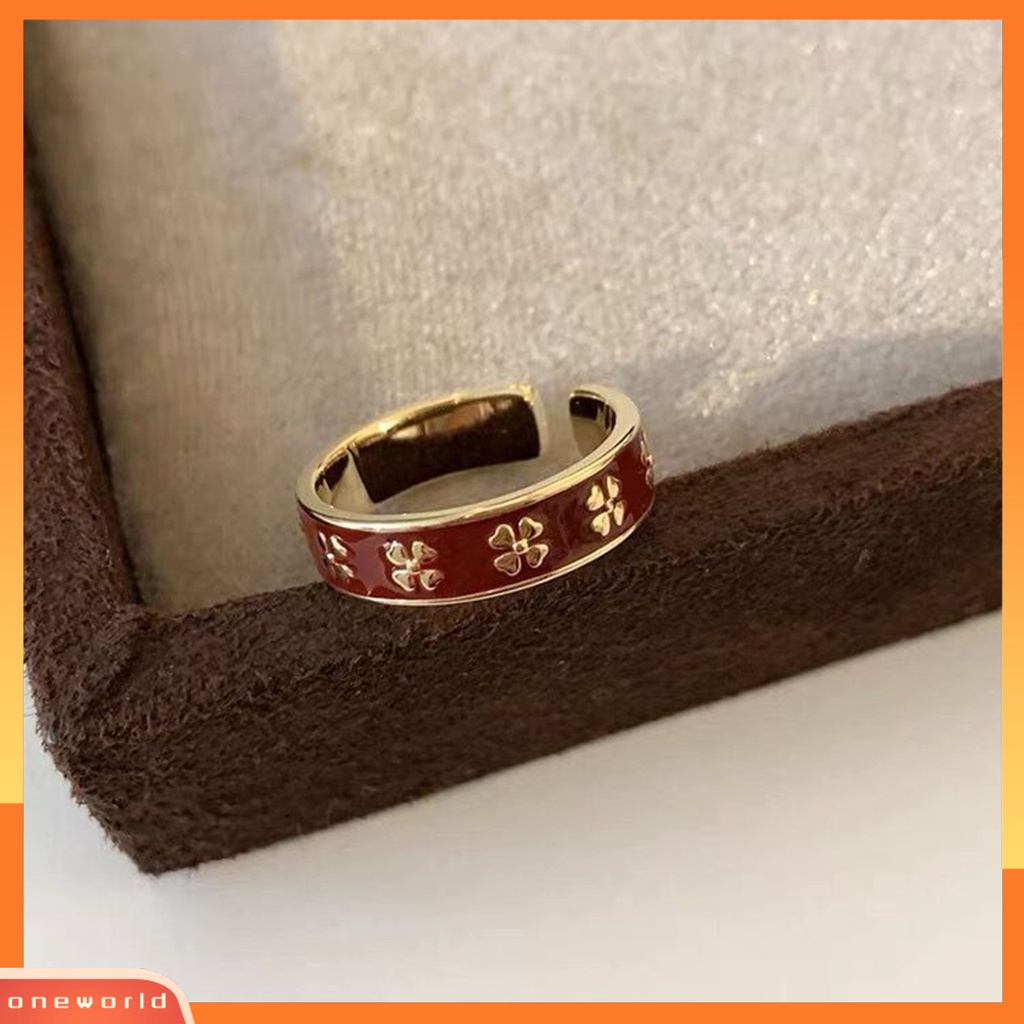 [EONE] Wanita Cincin Enamel Merah Bi-color Opening Adjustable Elegan Logam Emas Empat Daun Semanggi Jari Cincin Fashion Perhiasan