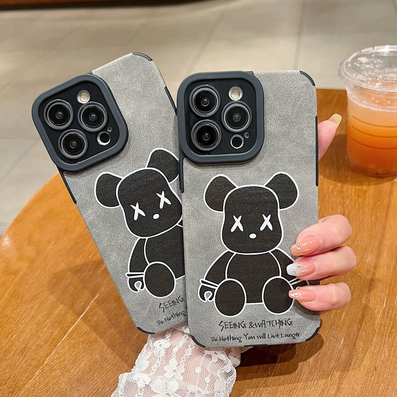 Cool Black XX Bear Skin Leather Soft Case IP IPhone 7 8 14 Plus 7+ 8+ X XR SE 2020 XS Max 11 12 13 14 Pro Max Phone Casing Women's Gift Kaws Bear