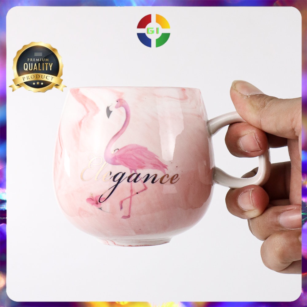 Gelas Cangkir Kopi Keramik Glass Coffee Mug Desain Flamingo 320ml Pink