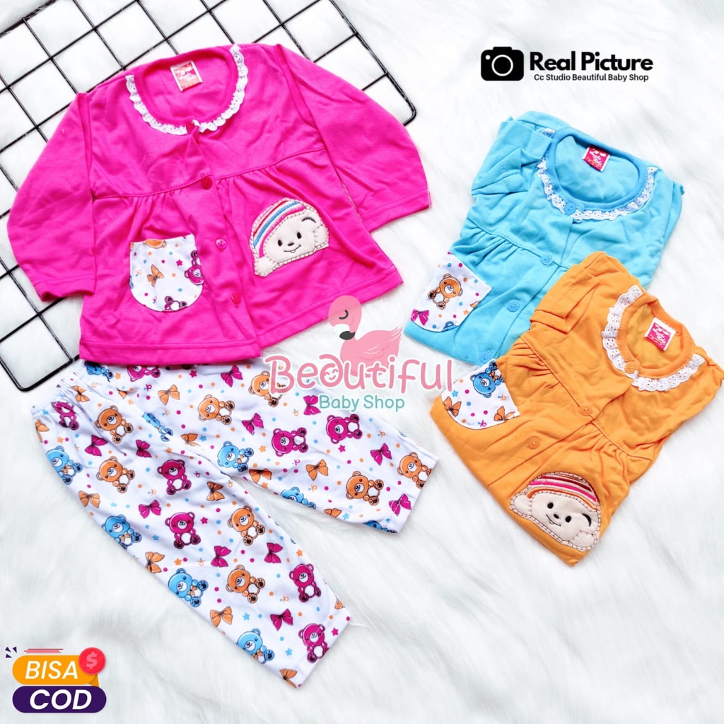 Setelan Baju Bayi Panjang Motif Bordir Bear / Setelan Piyama Bayi Perempuan 3-12 Bulan / Baju Bayi Perempuan Yeiko / Baby.ou