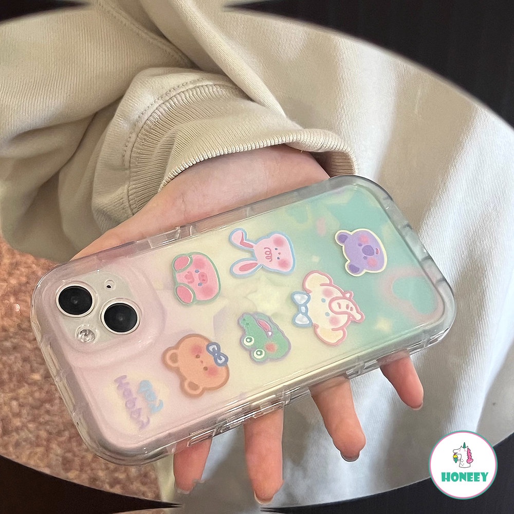 IPHONE Retro Happy Animal Zoo Gradien Casing Ponsel Shell Transparan Untuk Iphone14 13 12 11 Pro Max14 Plus Case Kartun Lucu Soft Cover