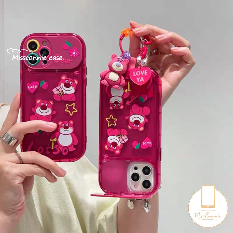 Flip Make Up Mirror Case Untuk Oppo A57 A12 A7 A15 A15s A3s A5s A53 A9 A5 A31 A33 2020 A77 A35 A77S A11K Rose Red Kartun Lucu Strawberry Bear Manyo Shockproof Soft Phone Cover