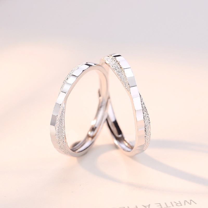 S925 Sterling Silver Cincin Pasangan Satu Pasang Versi Korea ins Gaya Berlian Buram Pasangan Cincin Sederhana Terbuka Cincin