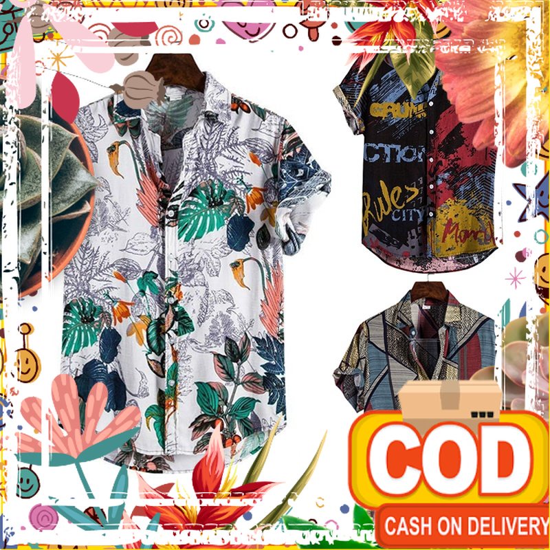 【Titik】batik Baju Pria Kemeja Casual Pria Lengan Pendek Gaya Hawaii Motif Bunga Untuk Musim Panas Pe