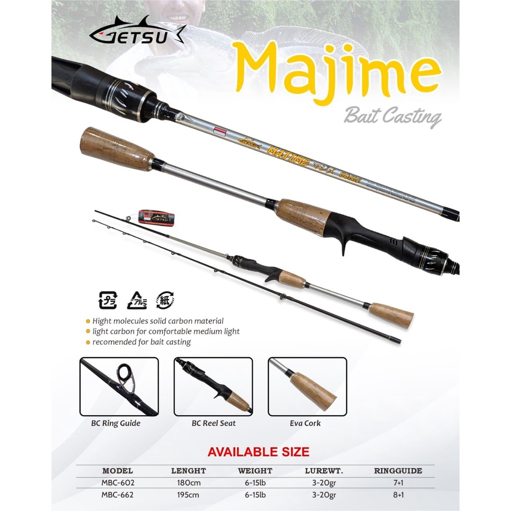 Joran Pancing BC Getsu Majime 180cm / 198cm Baitcasting (6-15LB) Carbon Solid Murah - Engkus Fishing