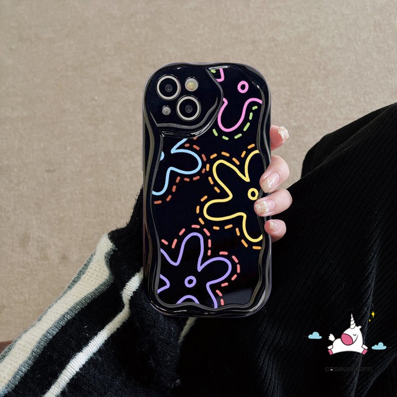 Casing Ponsel Glossy Tahan Guncangan Kompatibel Untuk iPhone 11 Pro Max XR X7 8 6s 6 Plus 14 12 13 Pro Max XS Max SE 2020 Fashion Garis Sederhana Bunga 3D Wavy Curved Edge Soft Flowers Cover