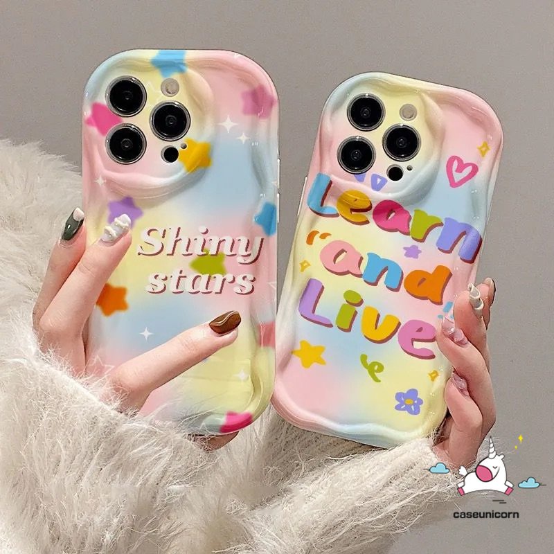 IPHONE Casing Belakang Warna-Warni Kompatibel Untuk Iphone7 8 6s 6plus11 14 12 13 Pro Max XR X XS Max SE 2020 7Plus 8Plus Kartun Bintang Huruf Shockproof Glossy 3D Wavy Curved Edge Soft Cover