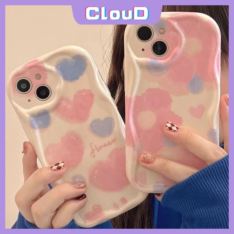 IPHONE Casing Bunga Cat Air Kompatibel Untuk Iphone11 14 12 13 Pro Max8 6s 7 6 Plus XR X XS Max 7Plus SE 2020 8Plus Shockproof 3D Wavy Curved Edge Soft Glossy Love Heart Cover