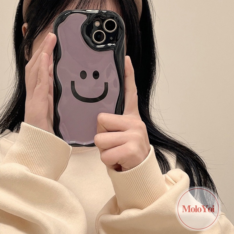 Casing 3D Wavy Curved Edge Checkerboard Cute Smile Kompatibel Untuk iPhone 7Plus 8Plus 11 14 12 13 Pro Max XR X 7 8 6s 6 Plus XS Max SE 2020 Kartun Smiley Lembut Shockproof Glossy Cover