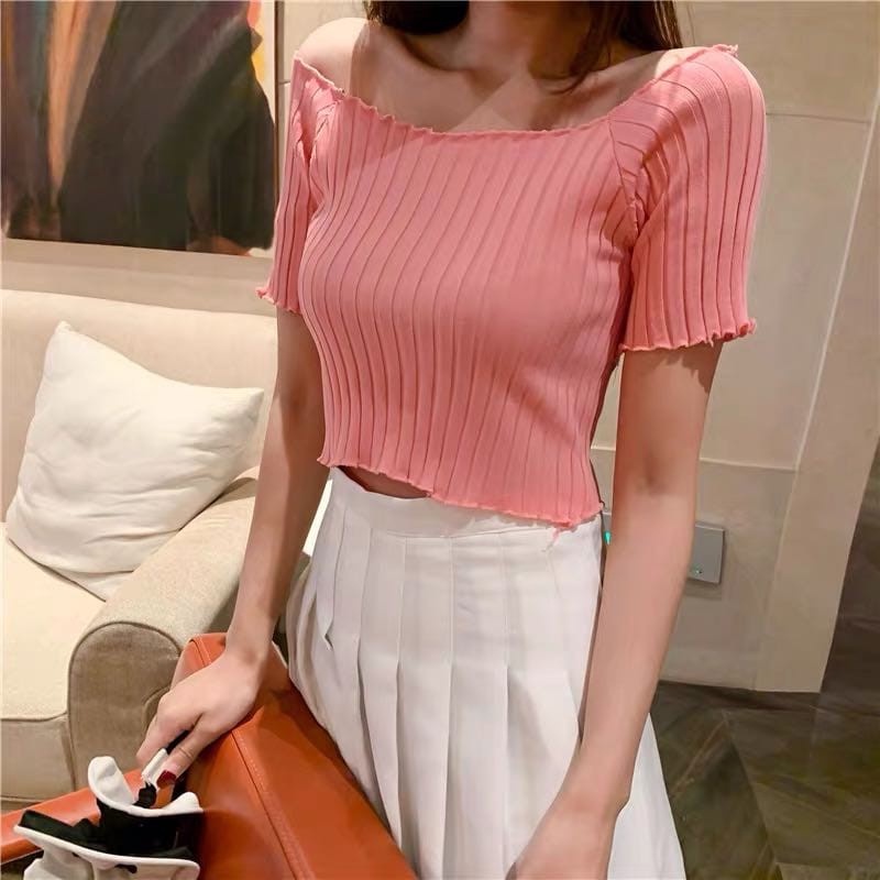 TELLY ➡️ BJ-028 Rajut Atasan import Wanita Gaya Korea Lengan Pendek Salur Rajut Kaos Wanita Bahan Icy Silk impor