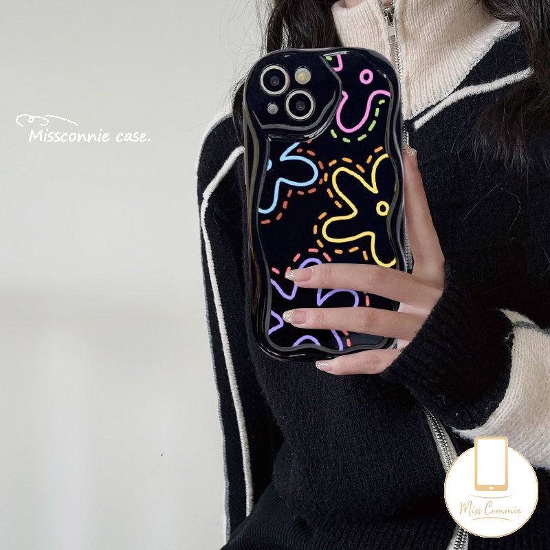 IPHONE Casing Ponsel Glossy Bunga Garis Sederhana Modis Kompatibel Untuk Iphone7 8 6s 6 Plus XR 11 Pro Max X14 12 13 Pro Max XS Max SE 2020 3D Wavy Curved Edge Shockproof Soft Flowers Cover