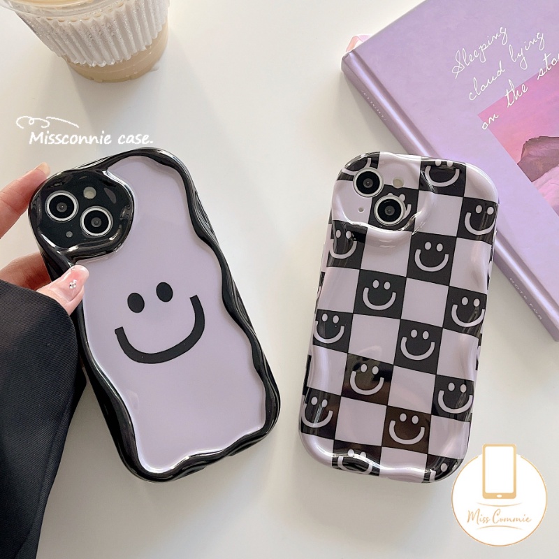 IPHONE Case Smiley Kartun Kotak-Kotak Kompatibel Untuk Iphone11 14 12 13 Pro Max 7Plus 8Plus XR X7 8 6s 6 Plus XS Max SE 2020 Senyum Lucu 3D Wavy Curved Edge Shockproof Glossy Soft Cover