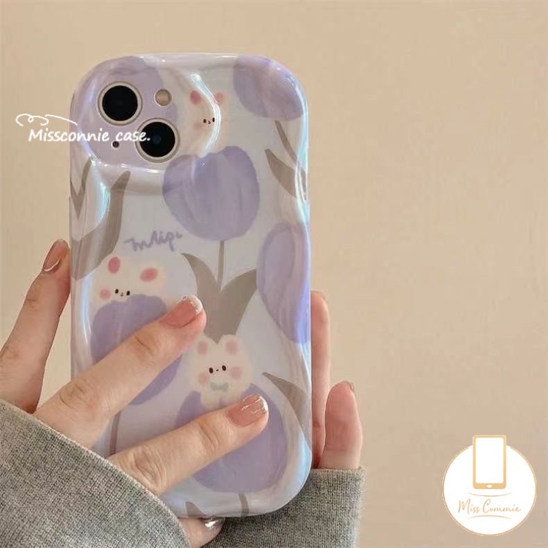 IPHONE Ins Tulip Kelinci Lucu Casing Kompatibel Untuk Iphone11 14 12 13 Pro Max 7Plus XR X7 8 6s 6 Plus XS Max SE 2020 Bunga Segar Shockproof 3D Wavy Curved Edge Glossy Soft Cover Case