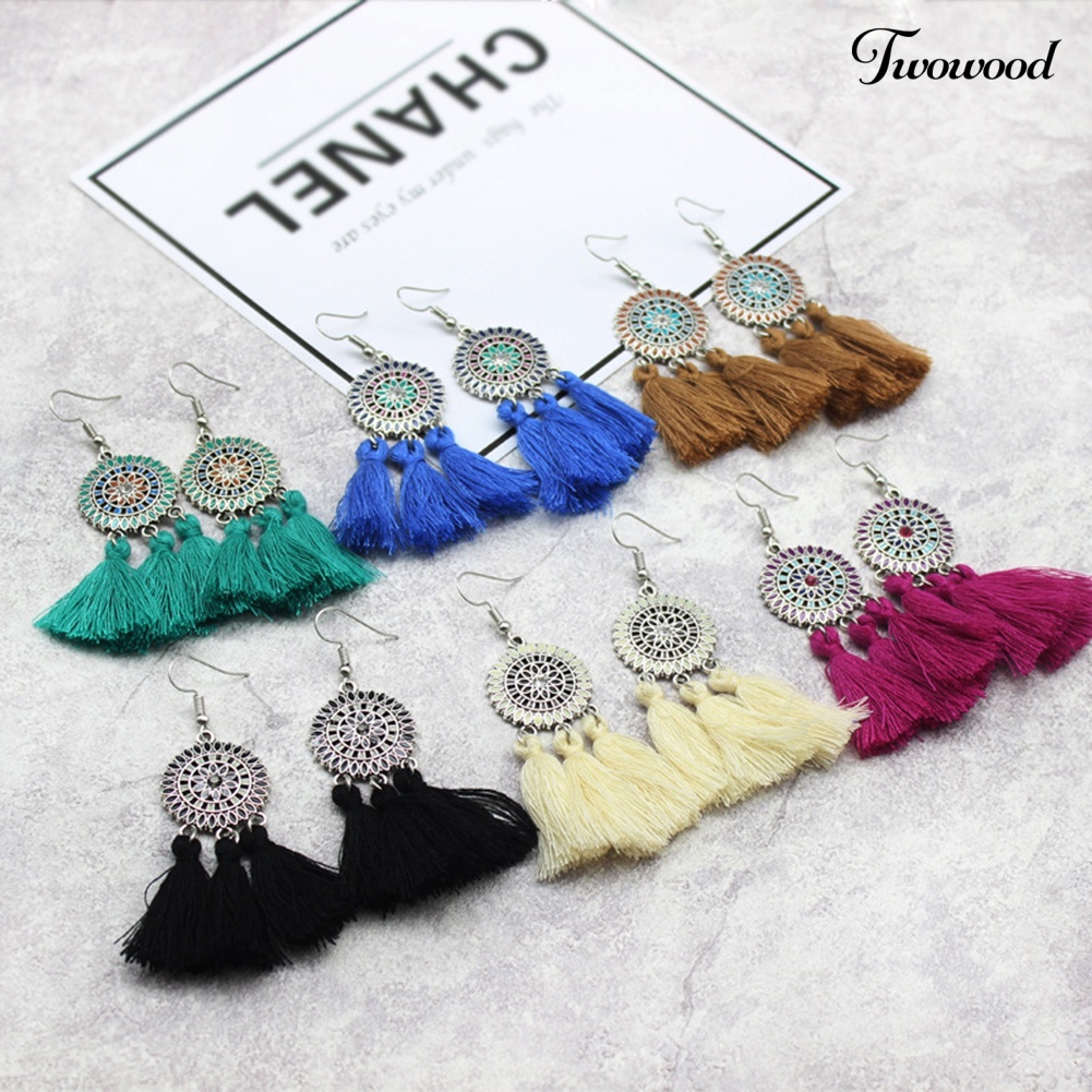 Twowood Boho Bunga Matahari Rumbai Panjang Menjuntai Statement Earrings Ear Hook Wanita Perhiasan