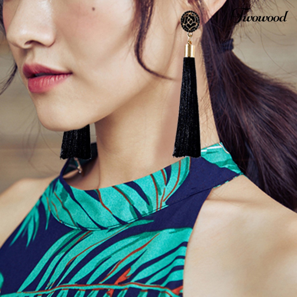 Twowood Bohemian Etnik Bunga Rumbai Panjang Menjuntai Statement Earrings Wanita Perhiasan Hadiah