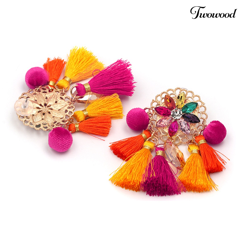 Twowood Boho Wanita Berlian Imitasi Rumbai Pompom Menjuntai Stud Earrings Perhiasan Pernyataan Panjang