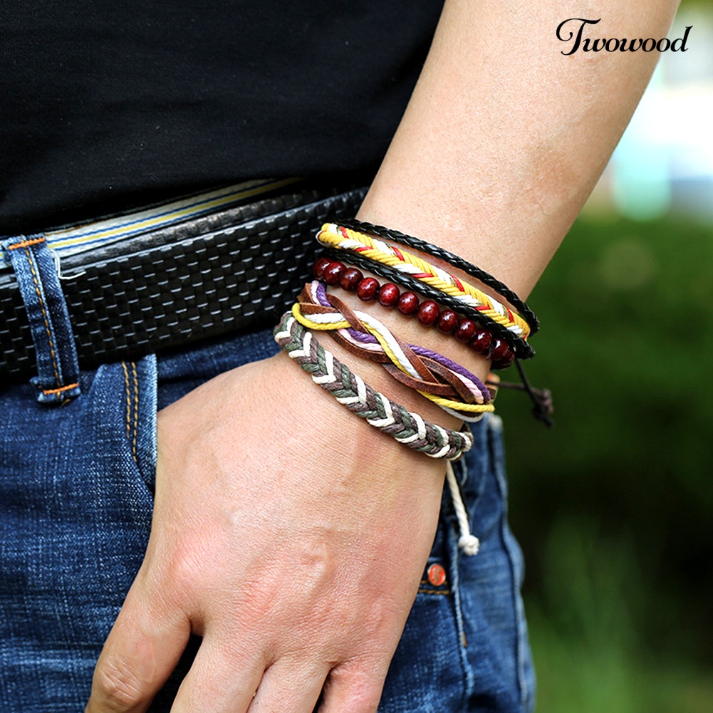 Twowood 4Pcs Pria Kulit Imitasi Adjustable Braided Rope Bangle Gelang Pergelangan Tangan Perhiasan